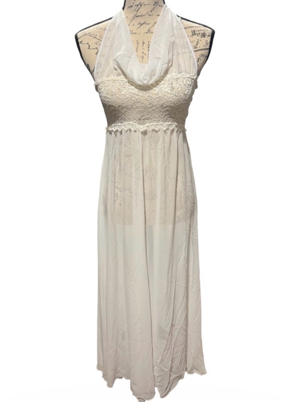 Fantasy Lingerie vintage white sheer lace halter maxi nightgown size medium